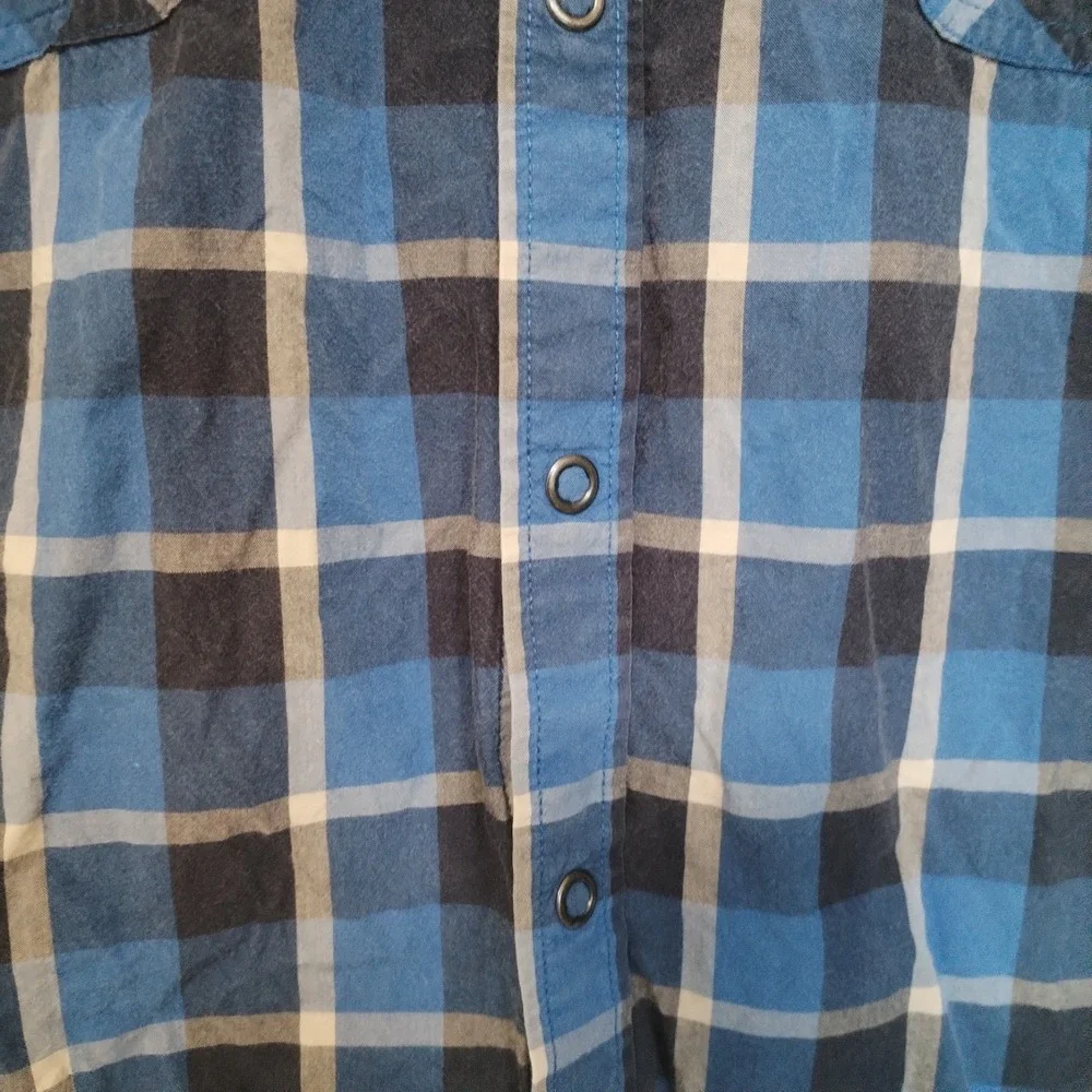 REI Western Snap Shirt XL Blue Plaid Organic‎ Cotton Button-Up Outdoor Hiking